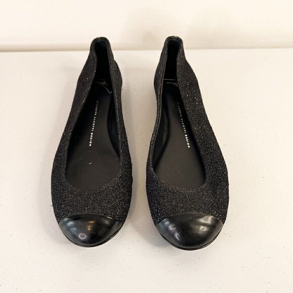 Giuseppe Zanotti Malika Black Leather Glitter Cap Toe Ballet Flats - Picture 2 of 7